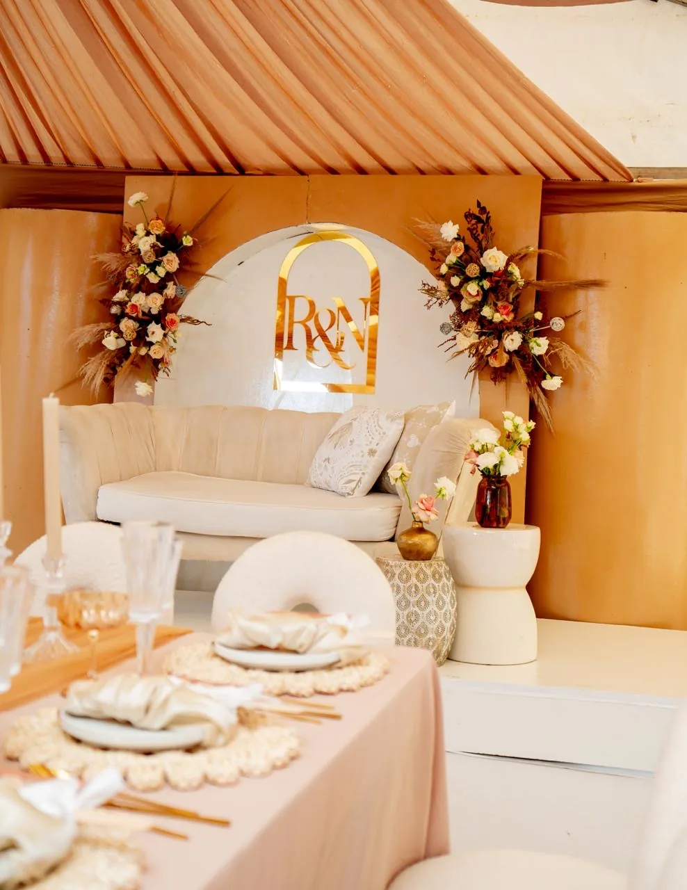 Peach and Ivory Wedding Lounge with Floral Styling