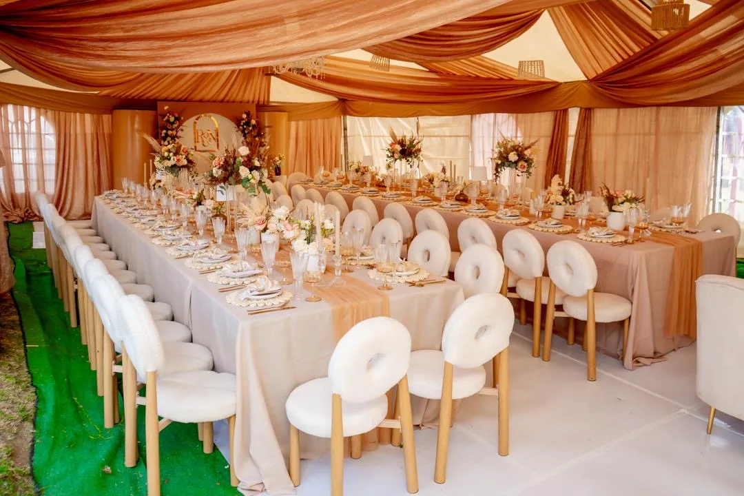 Elegant Peach Marquee Wedding Tablescape in Mpumalanga