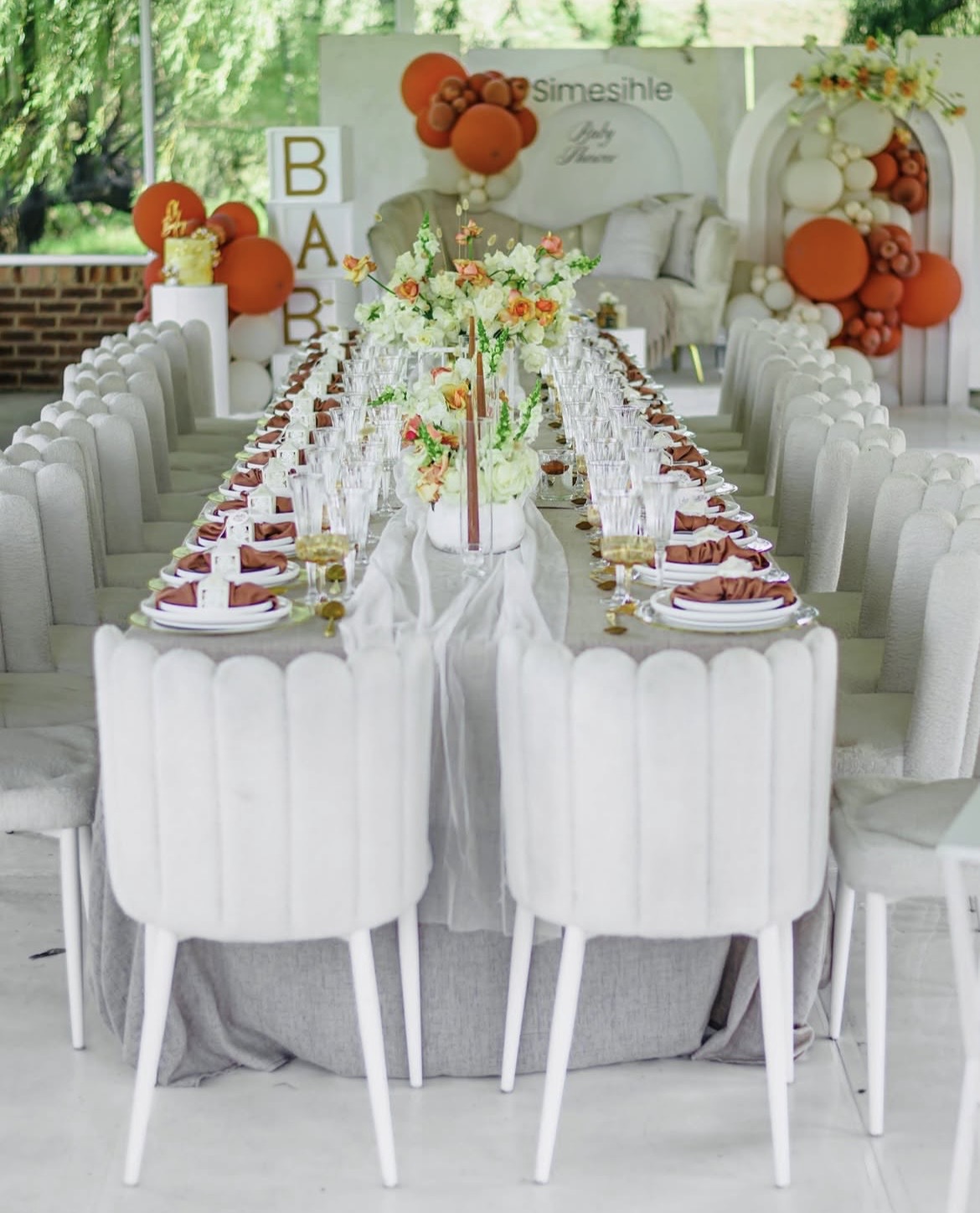 Terracotta baby shower long table